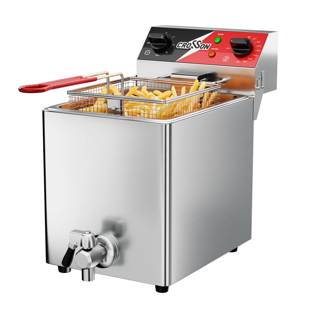 CROSSON 6L Professionelle Elektrische Fritteuse,3000W Kommerzielle Elektrische Fritteuse aus Edelstahl mit Korb, Temperaturkontrolle 80-200°C Schnelles Erhitzen für Heim und Gewerbe