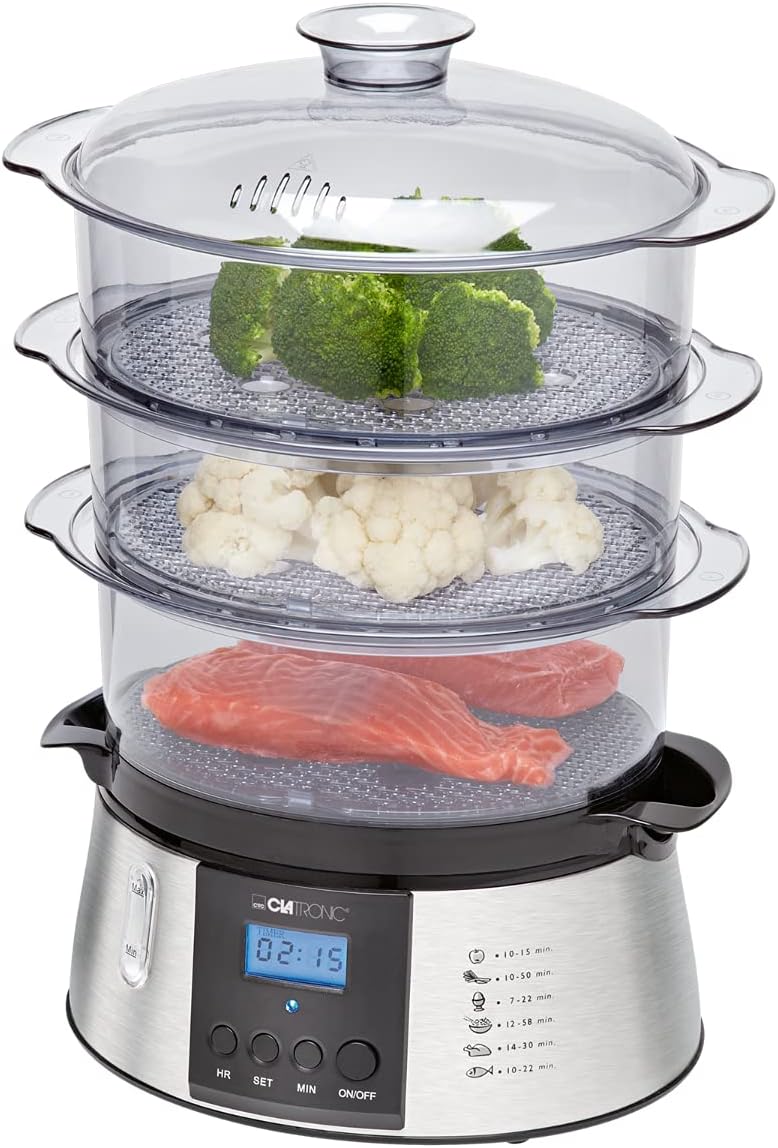 Clatronic DG 3547 elektrischer Dampfgarer, Steam Cooker, Reiskocher, Dampfgarer mit 3 Dampfgarbehältern inkl. Reis-Schale, Digital-Timer, LCD-Display, Netz-Kontrollleuchte, schwarz/edelstahl-Optik