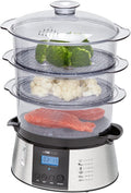 Clatronic DG 3547 elektrischer Dampfgarer, Steam Cooker, Reiskocher, Dampfgarer mit 3 Dampfgarbehältern inkl. Reis-Schale, Digital-Timer, LCD-Display, Netz-Kontrollleuchte, schwarz/edelstahl-Optik