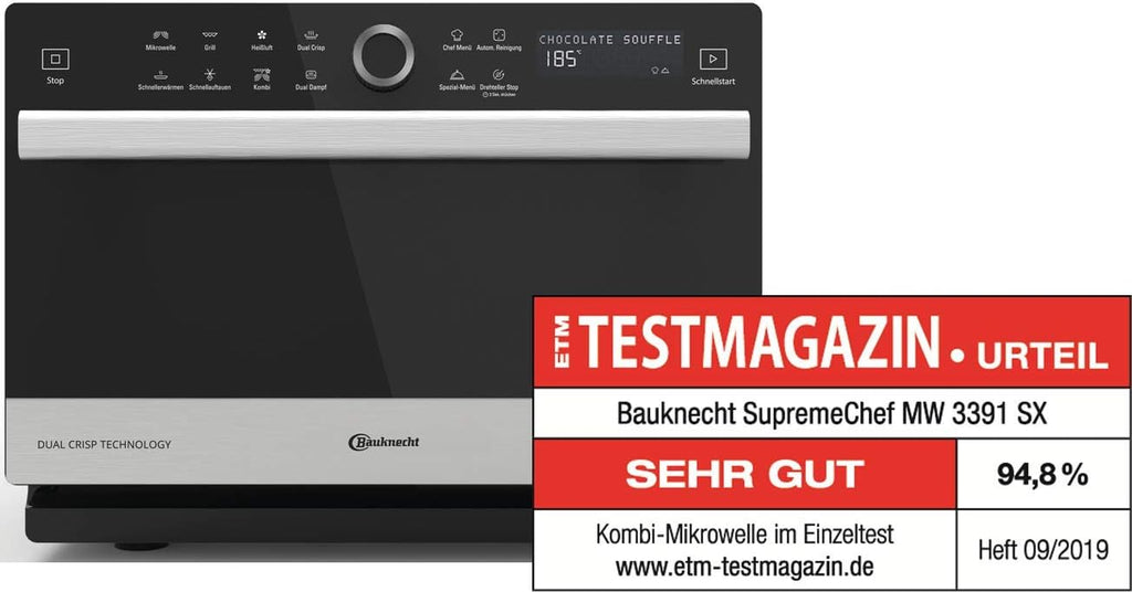 Bauknecht Supreme Chef MW 3391 SX/ 5 in 1-Multifunktionsmikrowelle/ 1000 W/ 33 L/ Heißluft 1700 W/ XXL Grill 1200 W/ Crisp Funktionen/ Dampfgaren inkl. Dampfgarbehälter