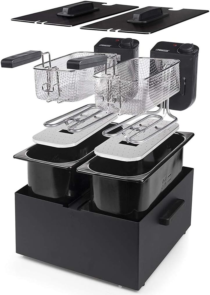 Princess 183028 Edelstahl Doppel-Fritteuse in schwarz - 2 x 3 Liter (2 x 1800 Watt) mit Ölfilter und Kaltzonenfunktion