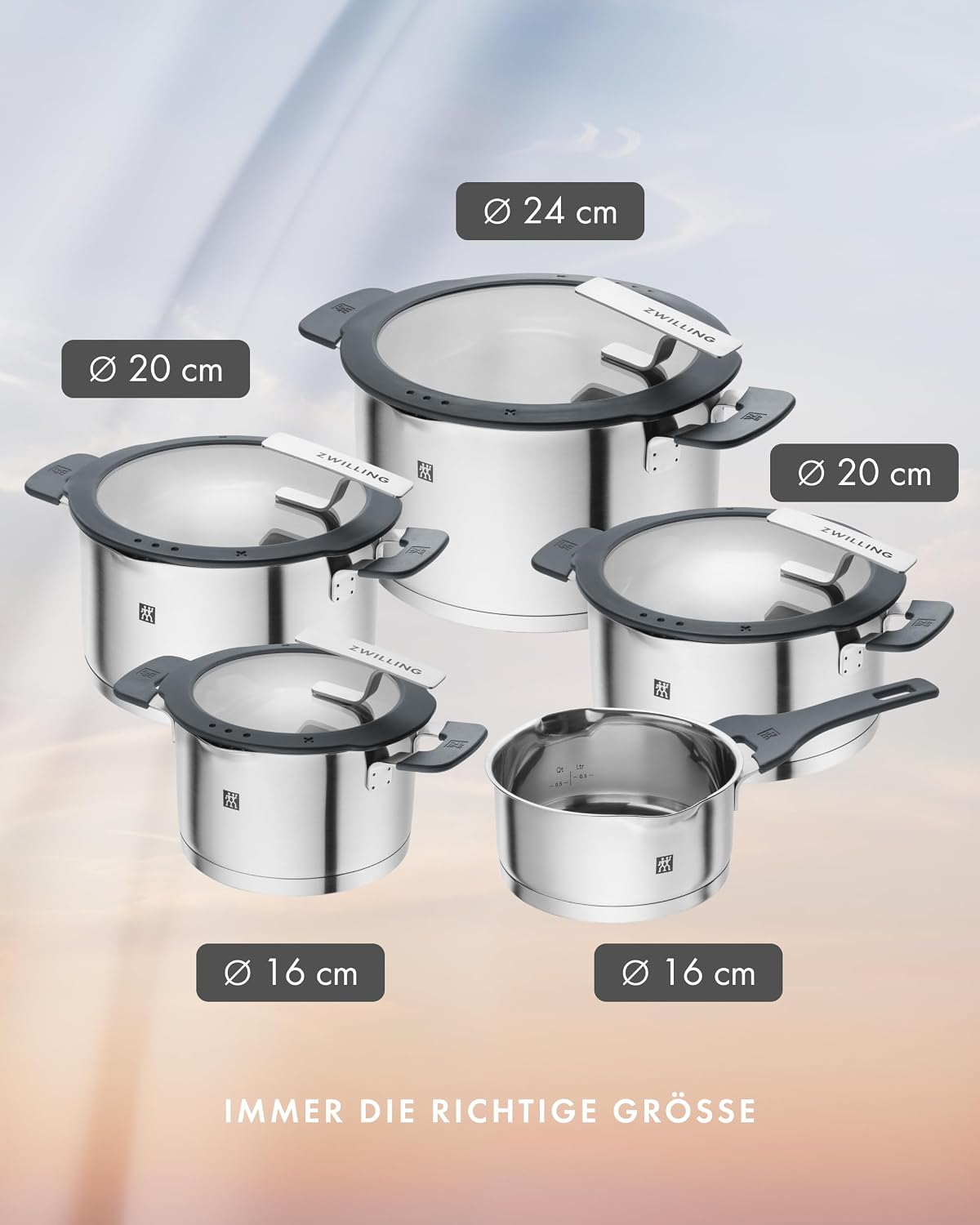 ZWILLING Simplify Kochtopf-Set 5-teilig, Integriertes Sieb, Induktion, Grau