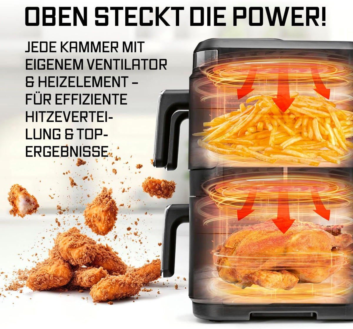 GOURMETmaxx FryUp3 Vertikale Heißluftfritteuse 3 Kammern | Heissluftfritteuse XXL 17 Liter | Airfryer mit Klapp-Touchdisplay, 12 Onetouch-Programmen, Sichtfenstern | Air Fryer Friteuse für 12 Personen