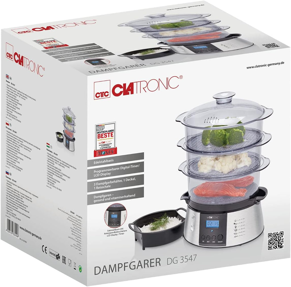Clatronic DG 3547 elektrischer Dampfgarer, Steam Cooker, Reiskocher, Dampfgarer mit 3 Dampfgarbehältern inkl. Reis-Schale, Digital-Timer, LCD-Display, Netz-Kontrollleuchte, schwarz/edelstahl-Optik