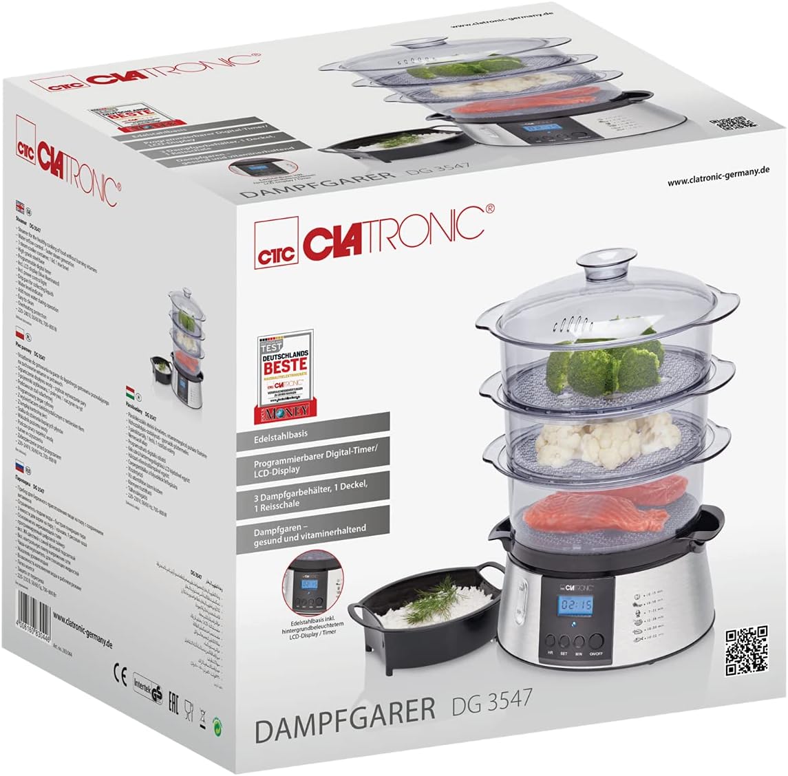 Clatronic DG 3547 elektrischer Dampfgarer, Steam Cooker, Reiskocher, Dampfgarer mit 3 Dampfgarbehältern inkl. Reis-Schale, Digital-Timer, LCD-Display, Netz-Kontrollleuchte, schwarz/edelstahl-Optik