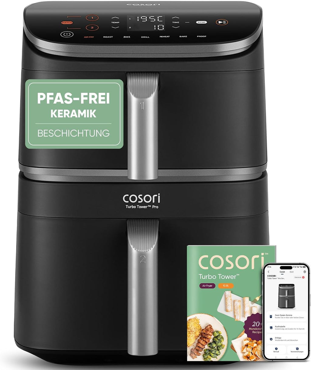 COSORI Turbo Tower Pro Smart Airfryer, 10,8L Keramikbeschichtung Heißluftfritteuse, DualBlaze-Technologie und WLAN-Steuerung, Silbergrau, Grau Silber
