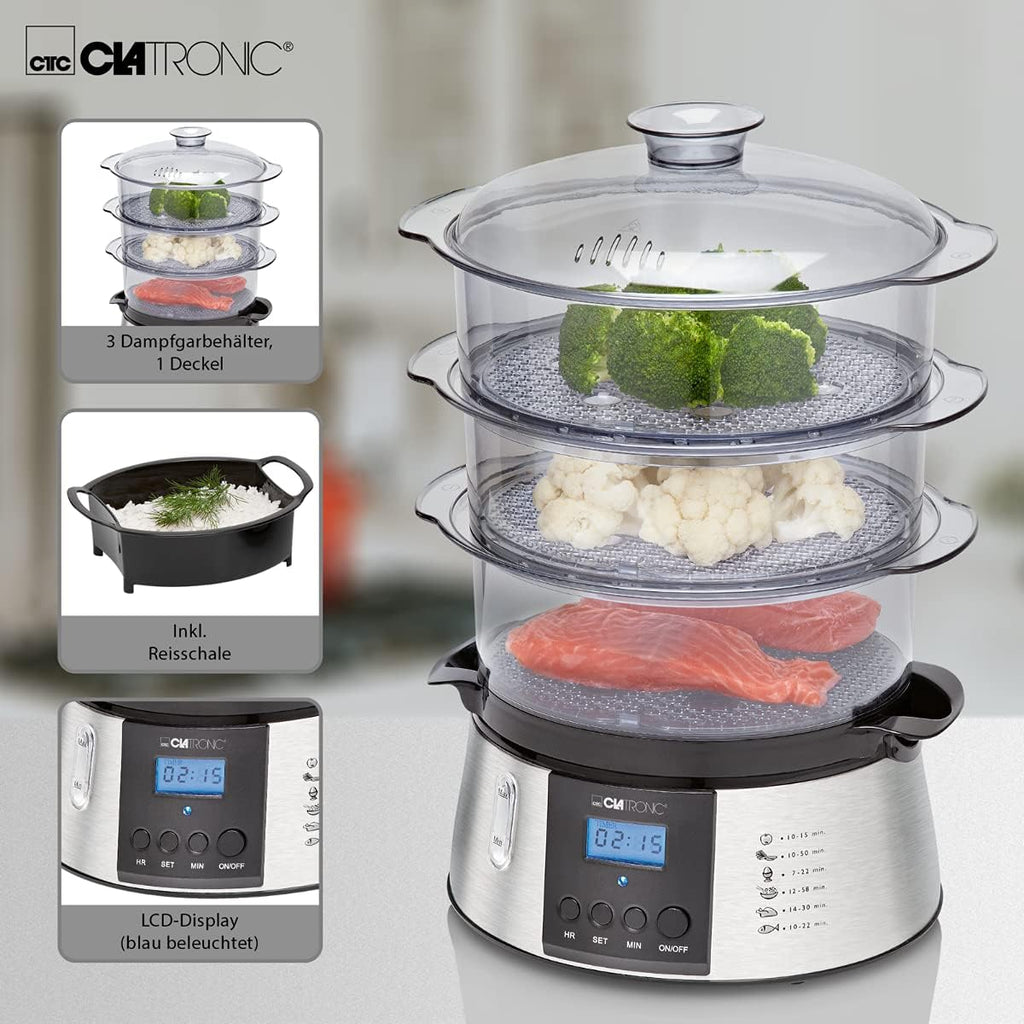Clatronic DG 3547 elektrischer Dampfgarer, Steam Cooker, Reiskocher, Dampfgarer mit 3 Dampfgarbehältern inkl. Reis-Schale, Digital-Timer, LCD-Display, Netz-Kontrollleuchte, schwarz/edelstahl-Optik