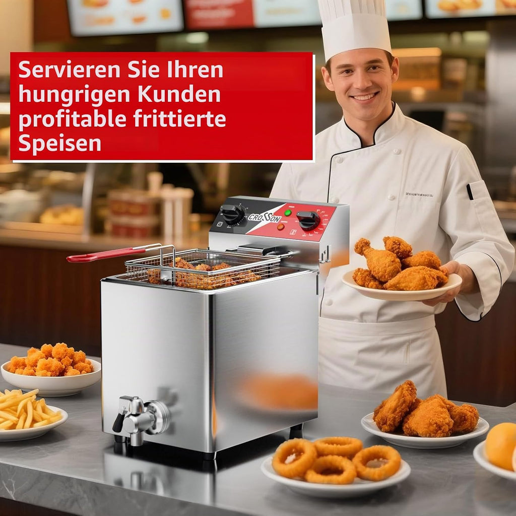 CROSSON 8L Professionelle Elektrische Fritteuse mit ablaufhahn,3250W Kommerzielle Elektrische Fritteuse aus Edelstahl mit Korb & Deckel,Temperaturkontrolle 80-200°C Schnelles Erhitzen,30-Minuten-Timer