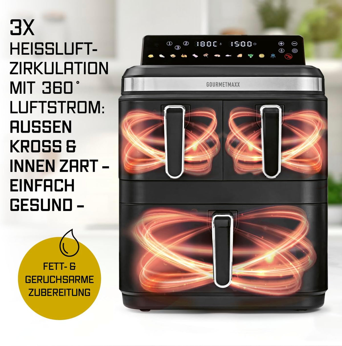 GOURMETmaxx FryUp3 Vertikale Heißluftfritteuse 3 Kammern | Heissluftfritteuse XXL 17 Liter | Airfryer mit Multi-Colour-Klapp-Touchdisplay | Air Fryer Friteuse für 12 Personen | 12 One-touch-Programme