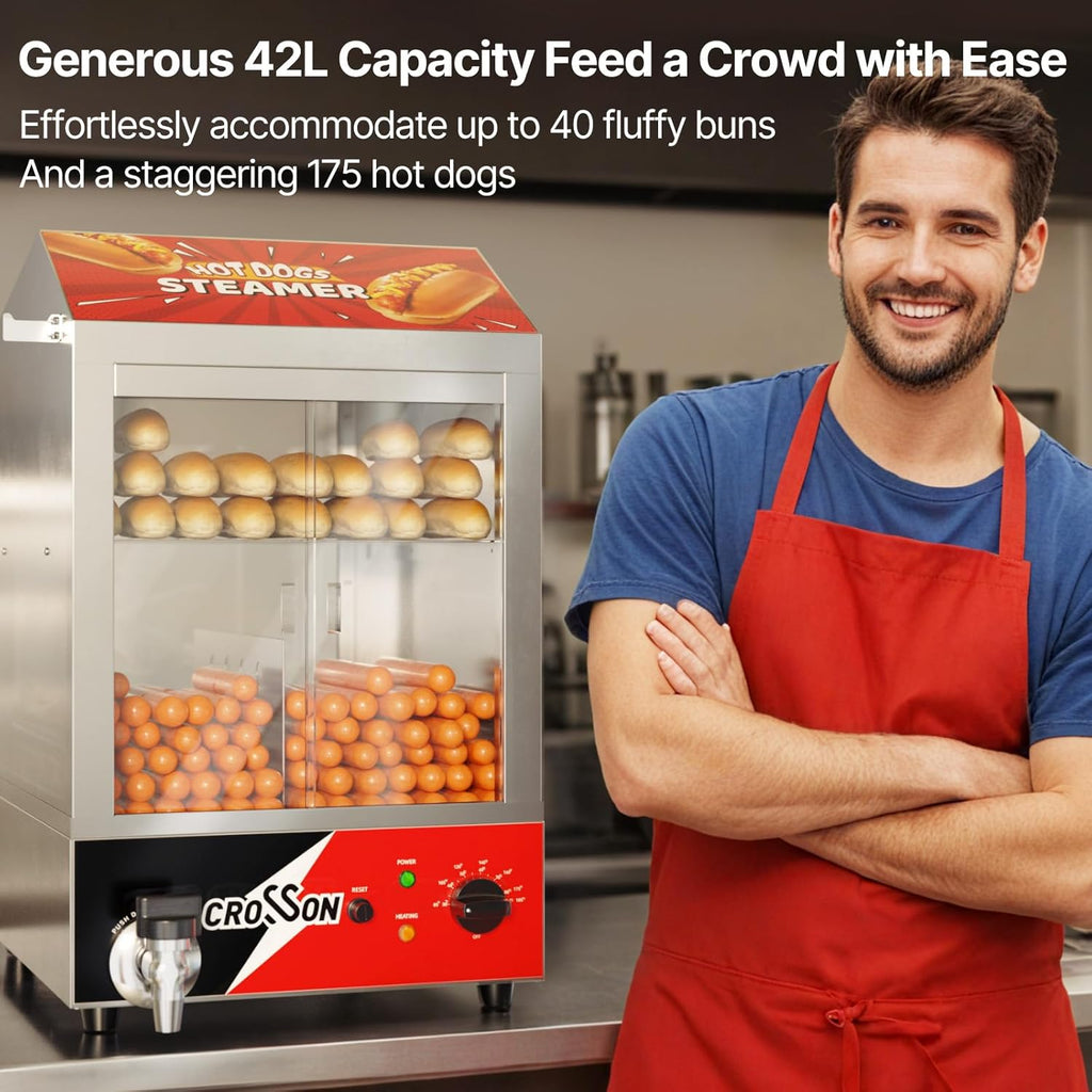 CROSSON Hot Dog Dampfgarer, 42L, 2-stöckiger Hot Dog Hut Dampfgarer, 175 Hot Dogs und 50 Brötchen Brötchen Fassungsvermögen Brötchenwärmer mit sichtbaren Schiebetüren aus gehärtetem Glas