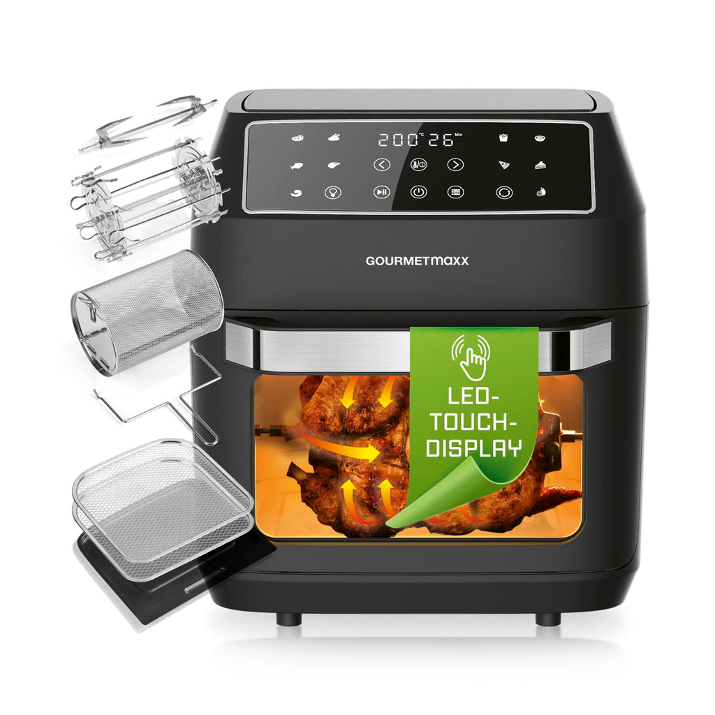 GOURMETmaxx FryUp3 Vertikale Heißluftfritteuse 3 Kammern | Heissluftfritteuse XXL 17 Liter | Airfryer mit Klapp-Touchdisplay, 12 Onetouch-Programmen, Sichtfenstern | Air Fryer Friteuse für 12 Personen