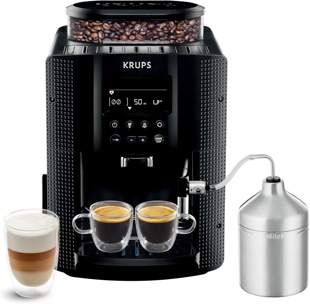 KRUPS Arabica Picto Kaffeevollautomat, kompaktes Design, einfache Bedienung, intuitiv einstellbarer Drehregler, Milchschaumdüse, 2-Tassen-Funktion, Kaffeemaschine, Schwarz, EA810870