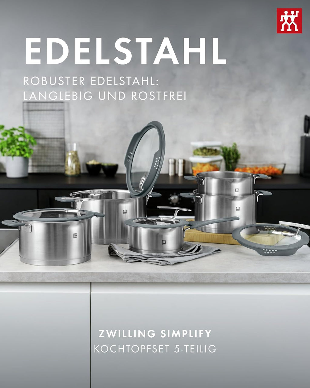 ZWILLING Simplify Kochtopf-Set 5-teilig, Integriertes Sieb, Induktion, Grau