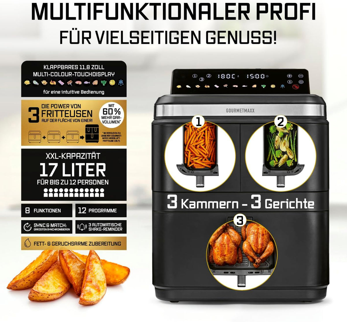 GOURMETmaxx FryUp3 Vertikale Heißluftfritteuse 3 Kammern | Heissluftfritteuse XXL 17 Liter | Airfryer mit Multi-Colour-Klapp-Touchdisplay | Air Fryer Friteuse für 12 Personen | 12 One-touch-Programme