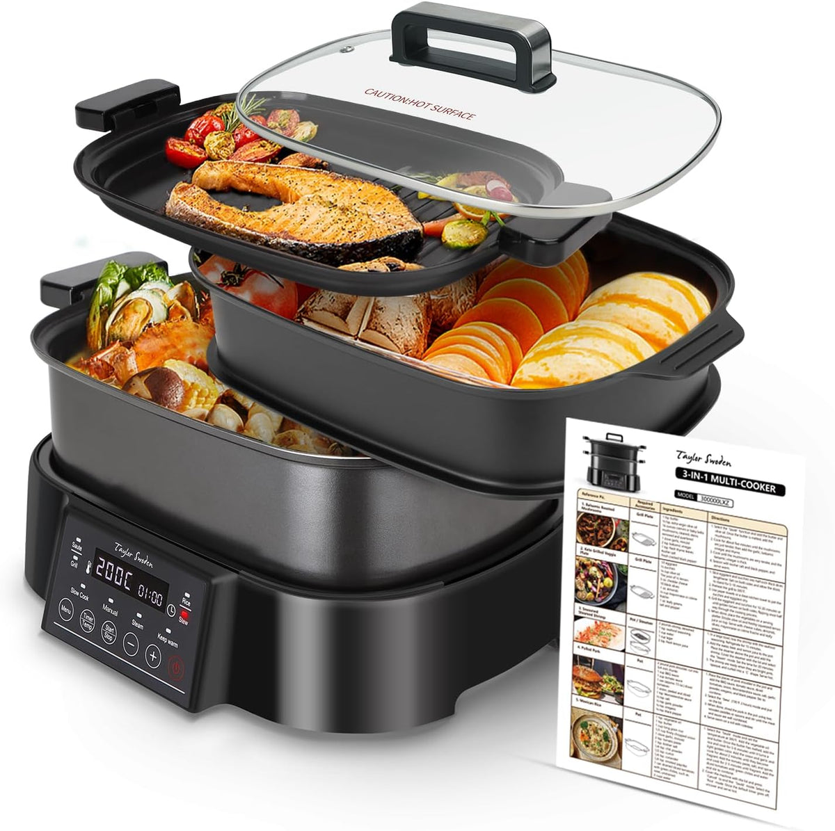 Taylor Swoden Arthur Dampfgarer mit Timer, Ultrakompakter Dampfgarer mit 3 Einschüben, BPA-frei, Programmierbar, Voreingestellte Programme, Warmhaltefunktion, 6 L, 1250 W