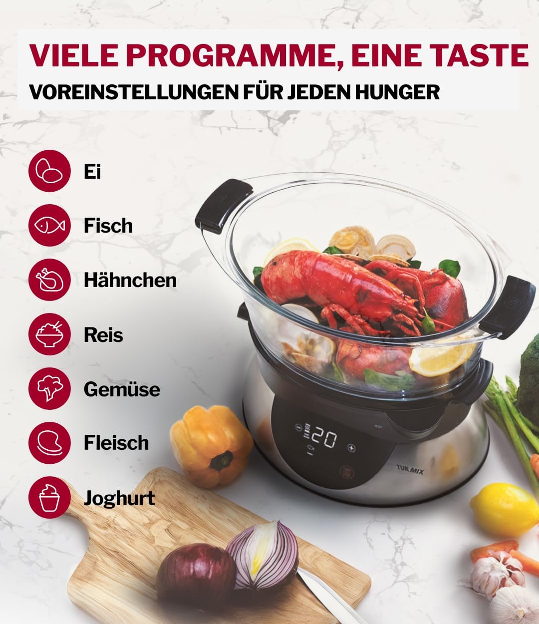 Turmix Steamer CX 220 – Dampfgarer topf 5,2 L mit Glasbehältern & Digitaldisplay, Touch-Bedienung, Warmhaltefunktion, Verzögerter Start, Joghurt-Programm, externer Wassereinlass, 900 W