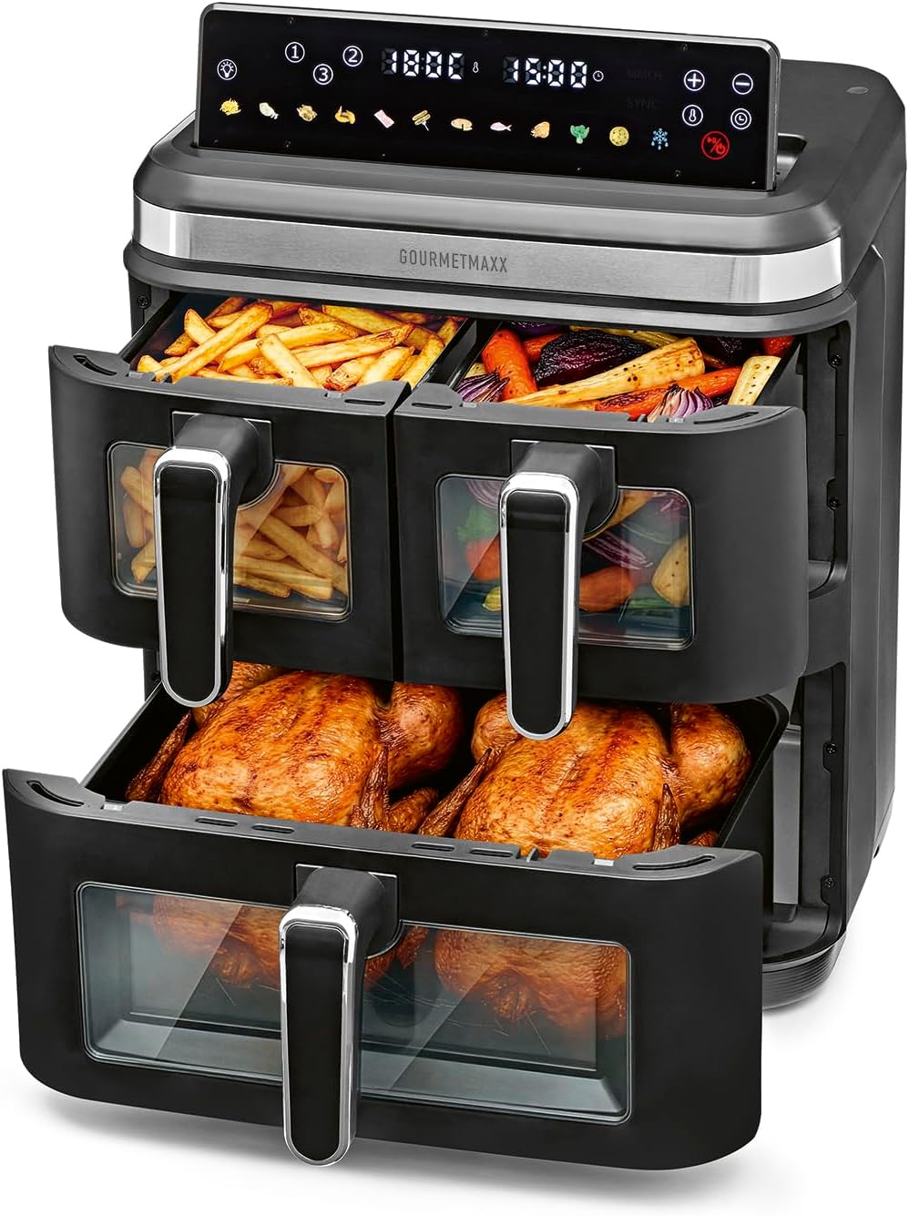 GOURMETmaxx FryUp3 Vertikale Heißluftfritteuse 3 Kammern | Heissluftfritteuse XXL 17 Liter | Airfryer mit Klapp-Touchdisplay, 12 Onetouch-Programmen, Sichtfenstern | Air Fryer Friteuse für 12 Personen