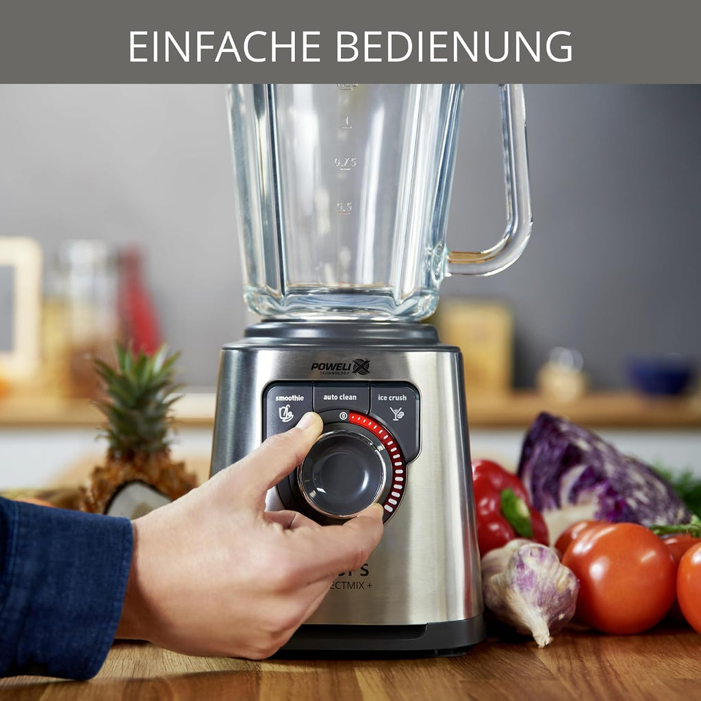 Krups KB403D Perfectmix + Hochleistungsstandmixer, 1.200W, 28.000 UpM, 2L Glasbehälter, 3 voreingestellte Programme, Powelix- Technologie, Edelstahl/Dunkelgrau