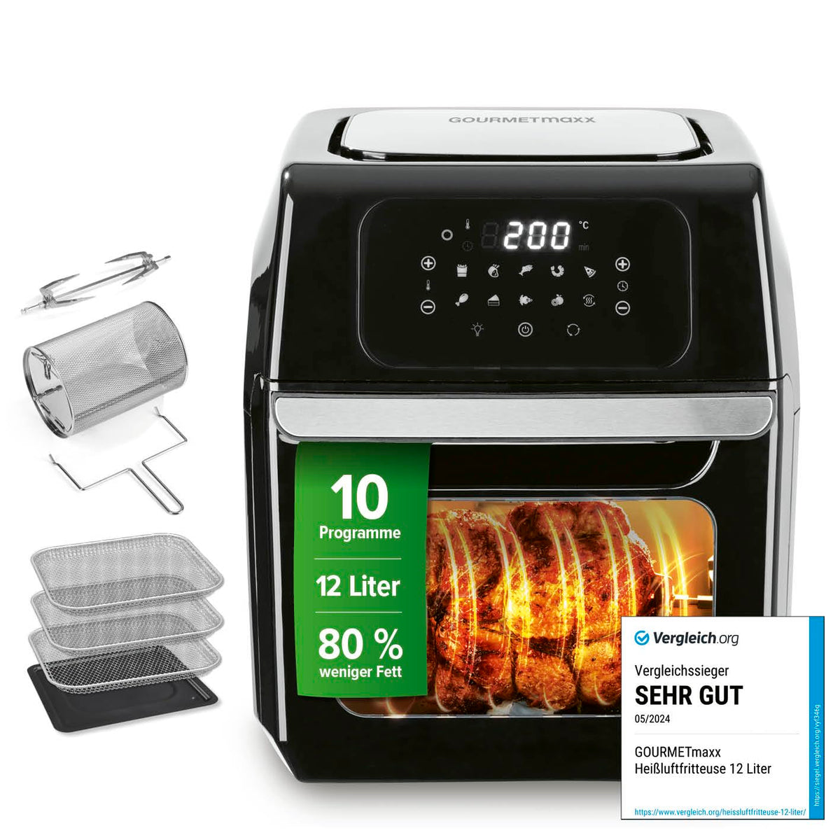 GOURMETmaxx FryUp3 Vertikale Heißluftfritteuse 3 Kammern | Heissluftfritteuse XXL 17 Liter | Airfryer mit Multi-Colour-Klapp-Touchdisplay | Air Fryer Friteuse für 12 Personen | 12 One-touch-Programme