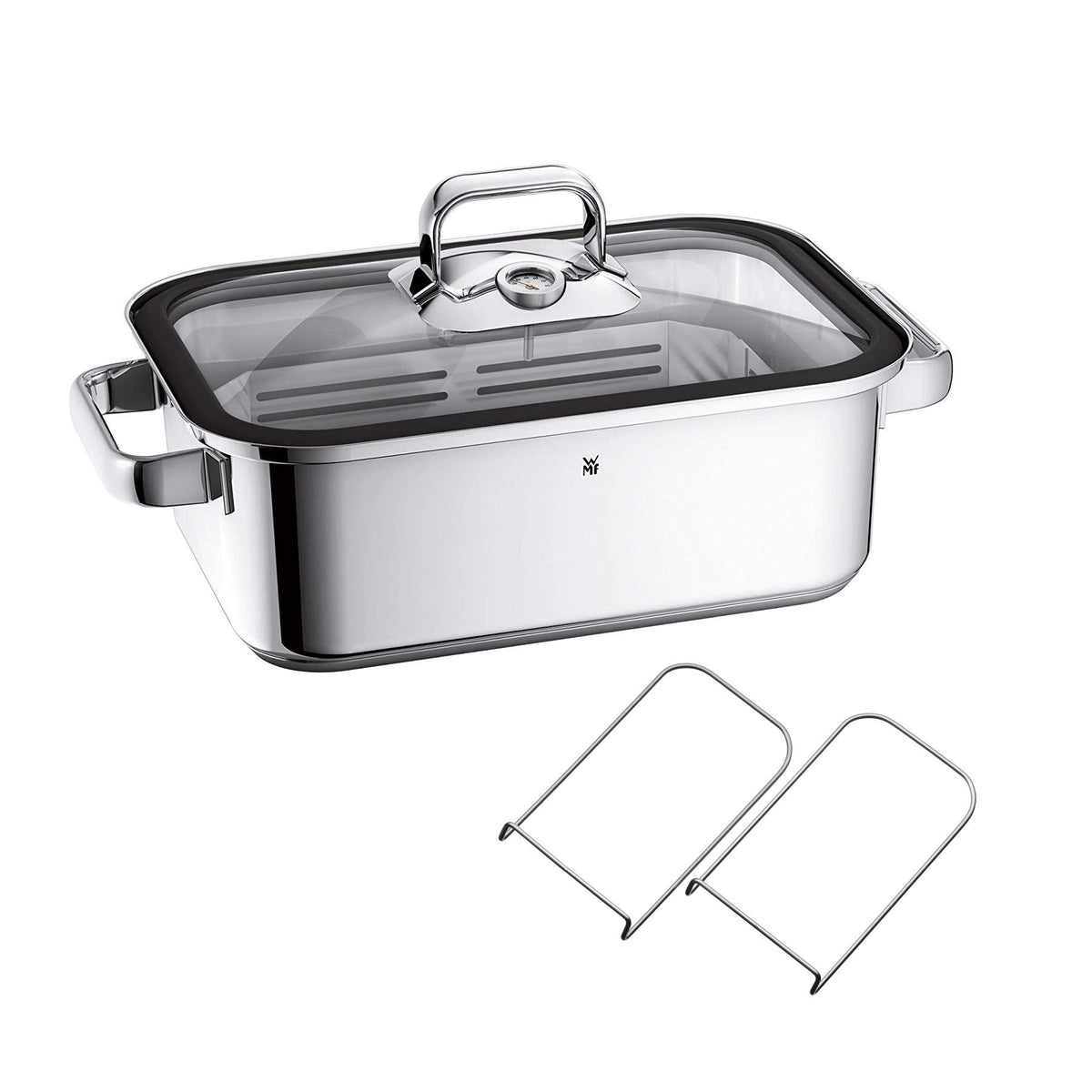 WMF Vitalis Aroma Dampfgarer 28 cm, Dampfgarer Topf, Bräter rund 5,0l, Dampfgartopf, Glasdeckel mit Silikonrand, Garthermometer, Garblech, Cromargan Edelstahl unbeschichtet, backofenfest