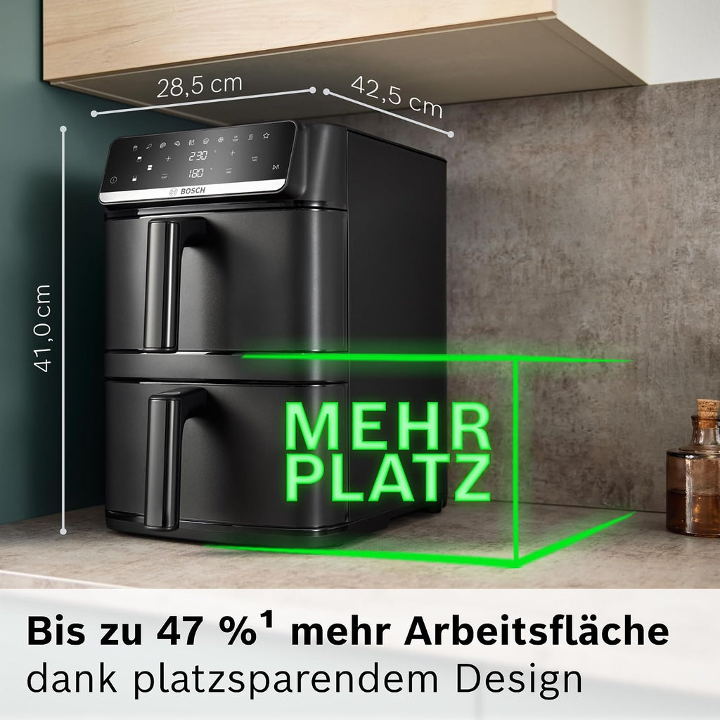 Bosch XXL Heißluftfritteuse, 12,0L Doppelkammer, platzsparend, 6 Programme, PFAS frei, schwarz, AirFryer Serie 6, MAFD661B0