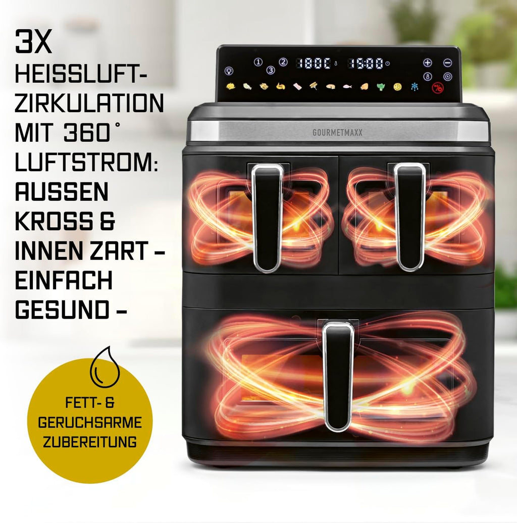 GOURMETmaxx FryUp3 Vertikale Heißluftfritteuse 3 Kammern | Heissluftfritteuse XXL 17 Liter | Airfryer mit Klapp-Touchdisplay, 12 Onetouch-Programmen, Sichtfenstern | Air Fryer Friteuse für 12 Personen