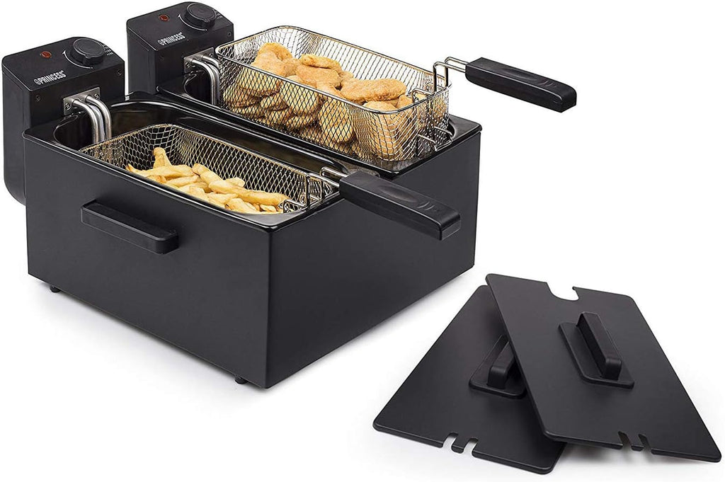 Princess 183028 Edelstahl Doppel-Fritteuse in schwarz - 2 x 3 Liter (2 x 1800 Watt) mit Ölfilter und Kaltzonenfunktion