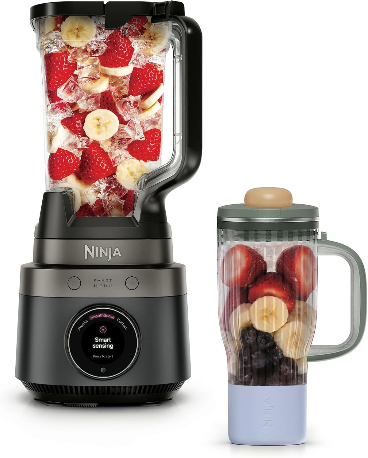 Ninja CrushBOSS 2-in-1 Mixer, 1200 Watt, SmoothSense, 3 intelligente Voreinstellungen, XL Becher (2,1 l), BlendBOSS-Becher (710 ml) für unterwegs, zerkleinert Eis, Onyx, LB301EUBK
