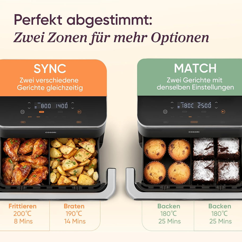 Cosori Airfryer, Dual Blaze Twinfry, Flexiblen Kammern, 10L