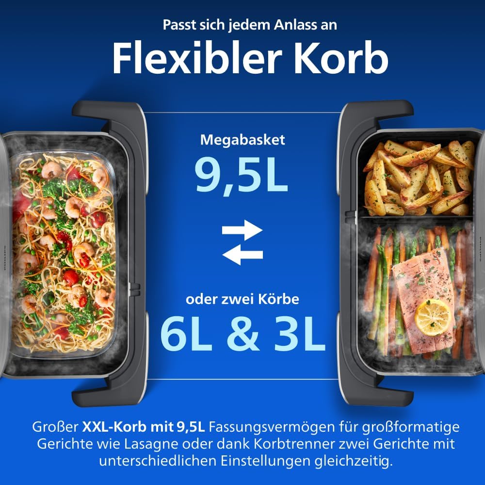 Philips Steam Airfryer 5000 Megabasket Heißluftfritteuse, Silber, 9,5 L