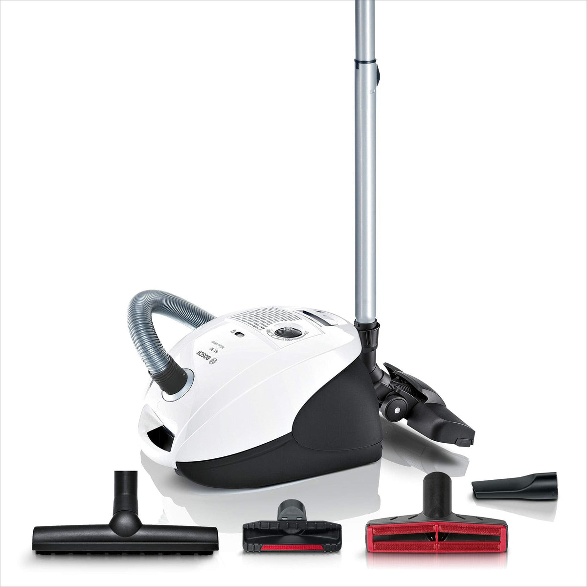 Bosch Staubsauger mit Beutel Serie 4 BGD38BU2, nachhaltig, Hygiene-Filter, 10 Jahre Motorgarantie, Zubehör-Clip, Polsterdüse, Fugendüse, hohe Saugkraft, Made in Germany, 600 W, blau