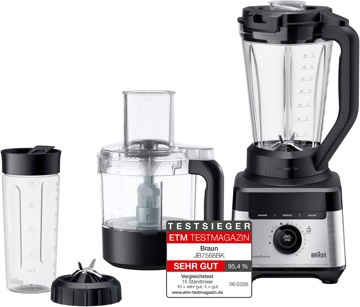 Braun PowerBlend 7 – Hochleistungs-Standmixer mit 30.000 U/min für cremige Smoothies, Shakes & Saucen, TriAction-Mixkrug, iTextureControl, Smoothie2Go 600 ml To-Go Becher, 1400W, Schwarz (JB7568BK)