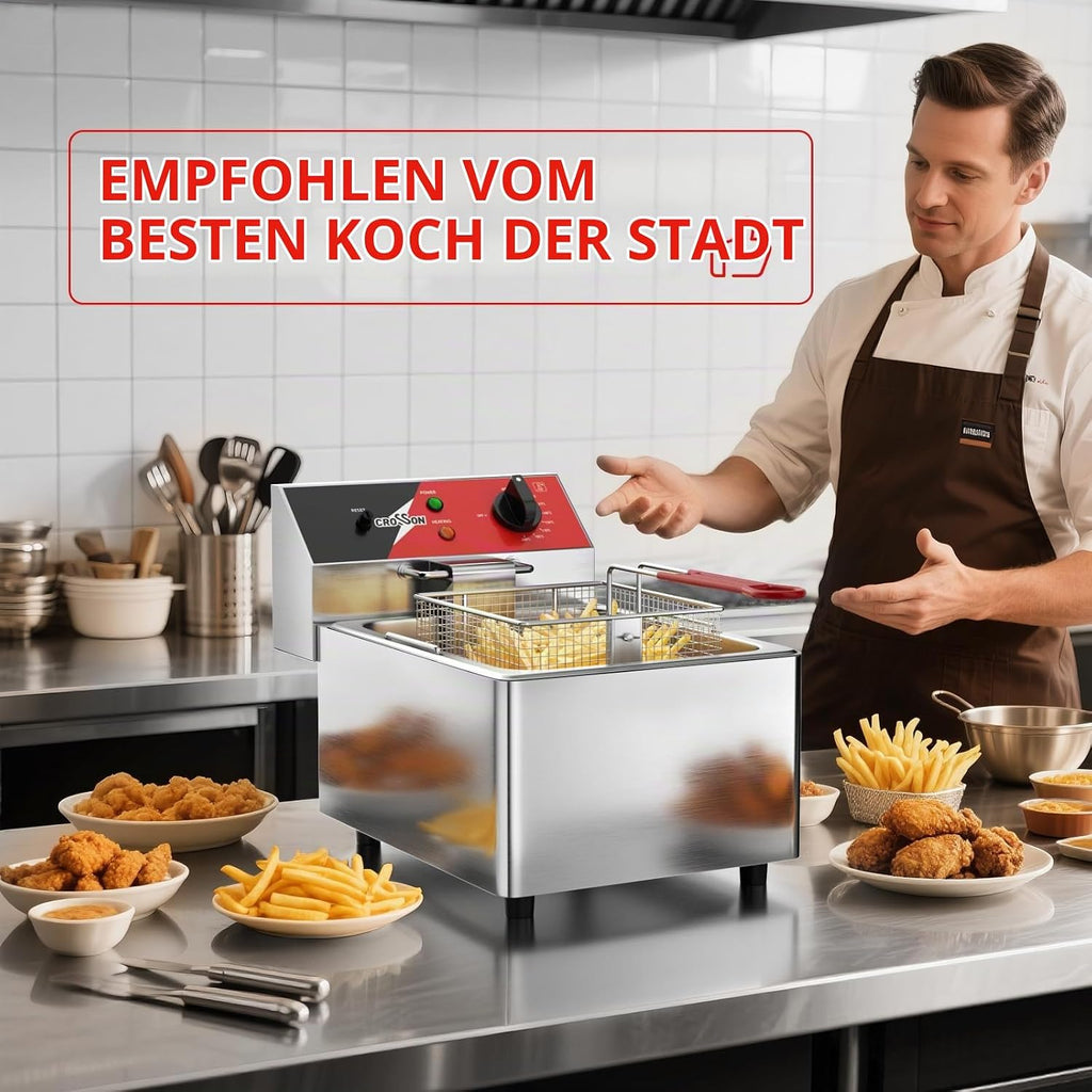 CROSSON 6L Professionelle Elektrische Fritteuse,3000W Kommerzielle Elektrische Fritteuse aus Edelstahl mit Korb, Temperaturkontrolle 80-200°C Schnelles Erhitzen für Heim und Gewerbe