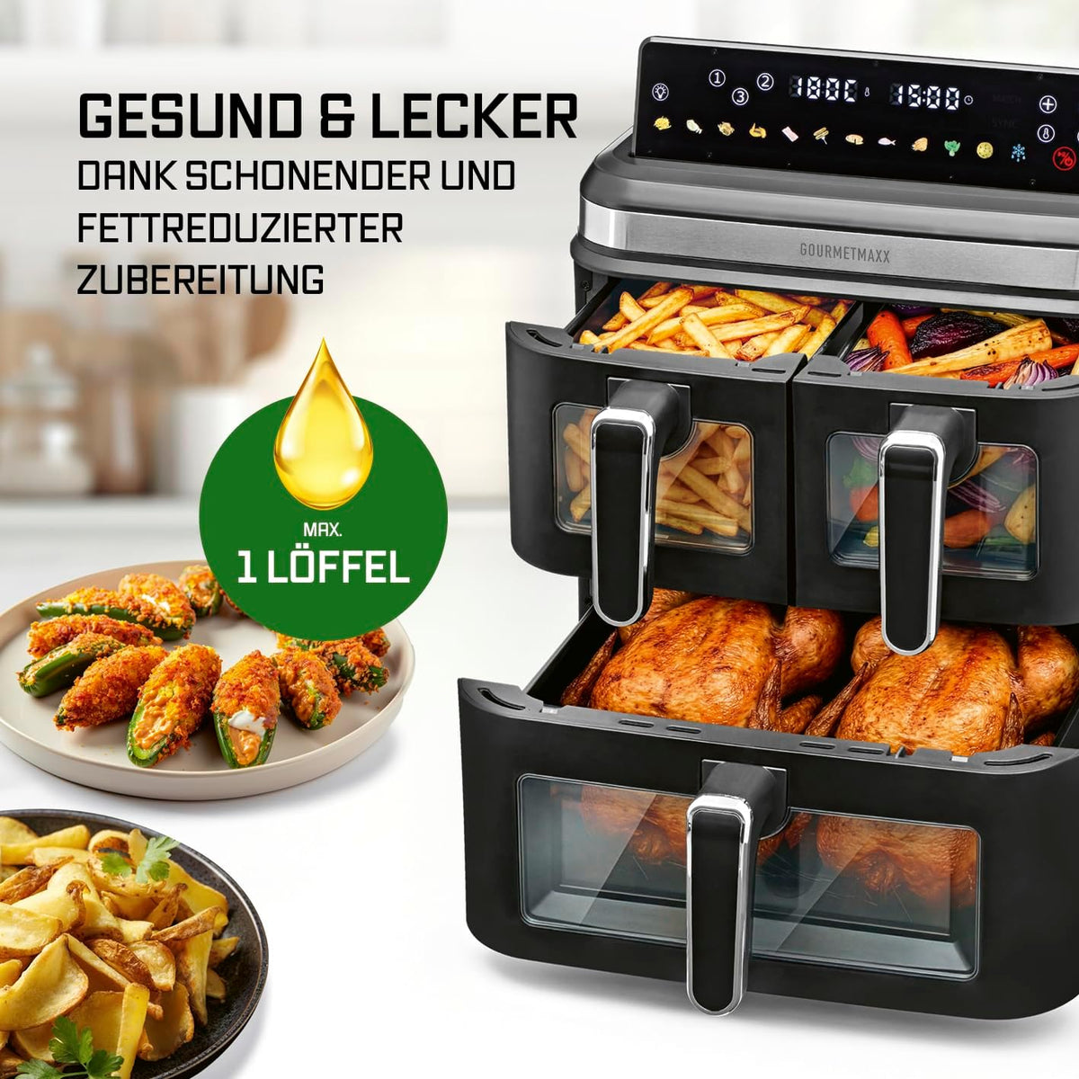 GOURMETmaxx FryUp3 Vertikale Heißluftfritteuse 3 Kammern | Heissluftfritteuse XXL 17 Liter | Airfryer mit Klapp-Touchdisplay, 12 Onetouch-Programmen, Sichtfenstern | Air Fryer Friteuse für 12 Personen
