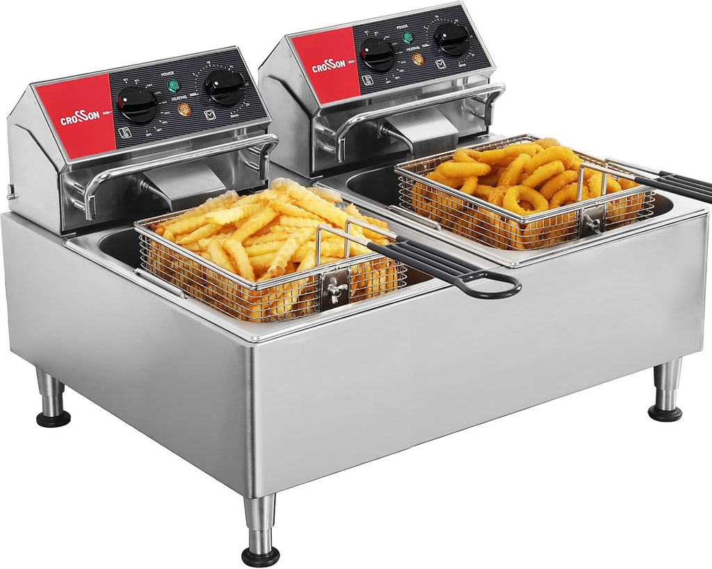 CROSSON 12L Elektrische Fritteuse mit doppeltem Tank und rotierendem Fritteusenkopf, 30-Minuten-Timer, EGO-Thermostat, Aufsatzfritteuse für den gewerblichen Gebrauch