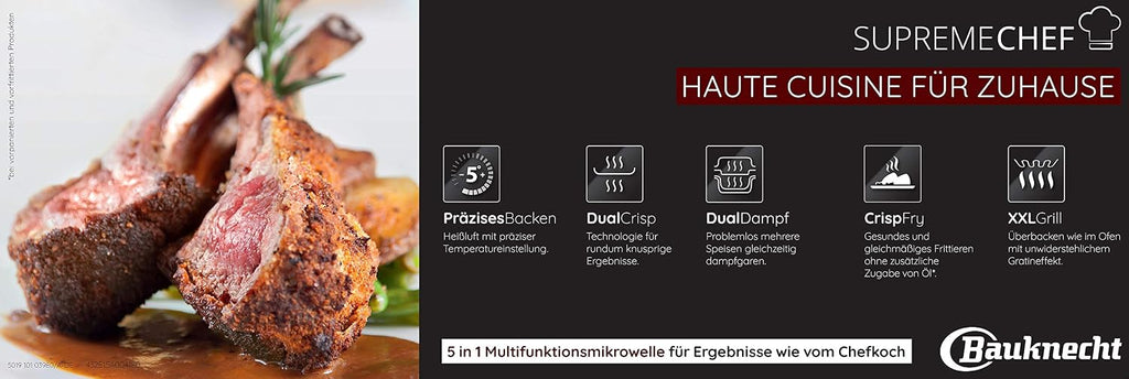 Bauknecht Supreme Chef MW 3391 SX/ 5 in 1-Multifunktionsmikrowelle/ 1000 W/ 33 L/ Heißluft 1700 W/ XXL Grill 1200 W/ Crisp Funktionen/ Dampfgaren inkl. Dampfgarbehälter