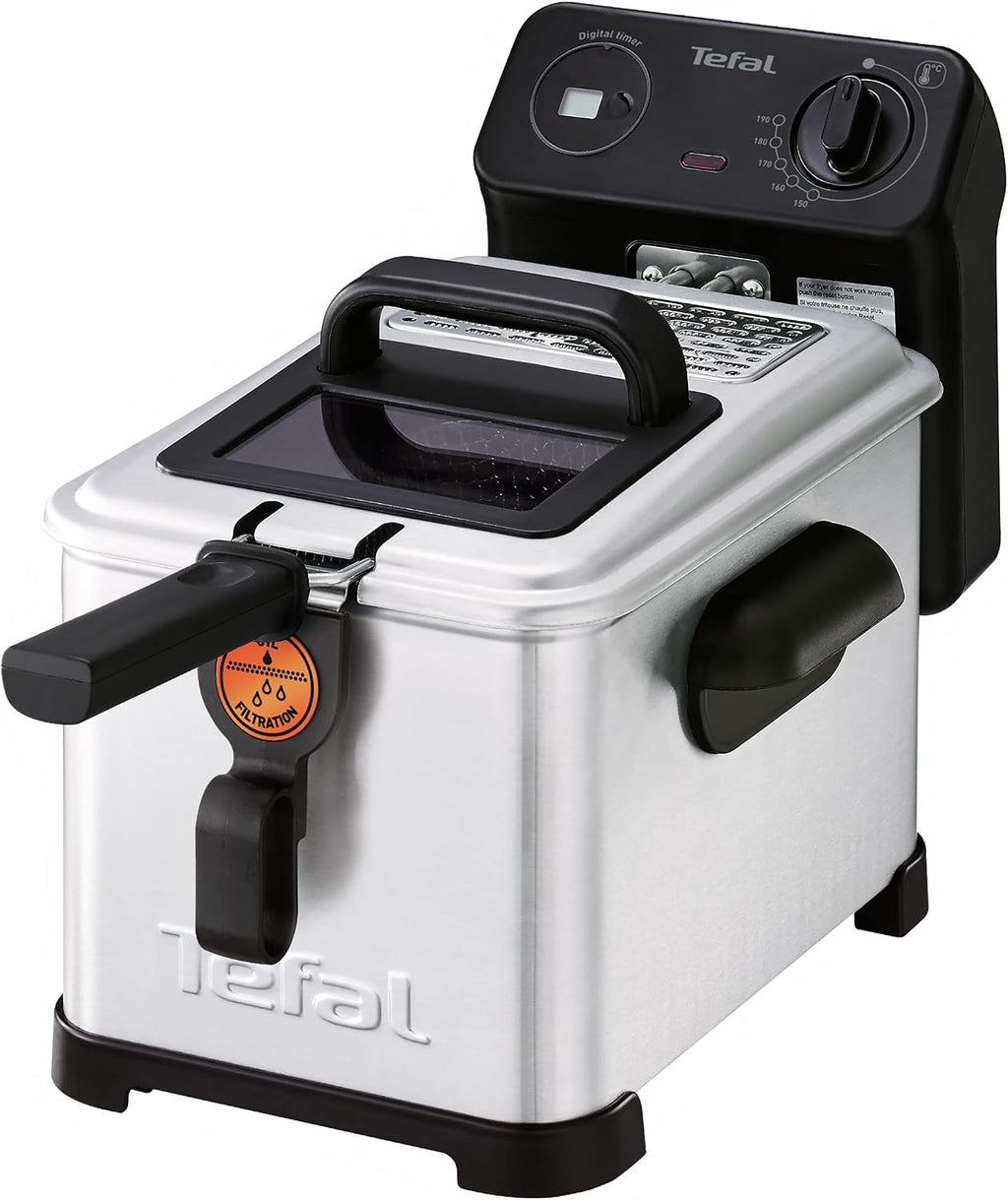 Tefal Filtra Pro Elektrische Fritteuse 4 Liter Öl-Kapazität, Auffangsieb für reineres Öl, spülmaschinenfeste Teile, Sichtfenster, einstellbare Temperaturkontrolle, schwarz, Edelstahl, FR5160