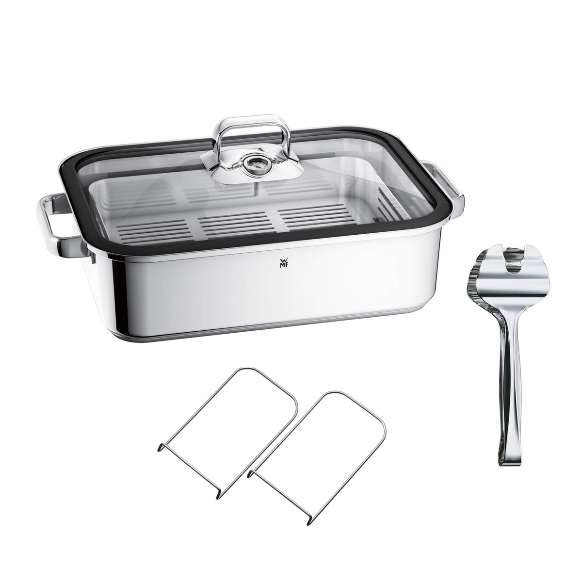 WMF Vitalis Aroma Dampfgarer 28 cm, Dampfgarer Topf, Bräter rund 5,0l, Dampfgartopf, Glasdeckel mit Silikonrand, Garthermometer, Garblech, Cromargan Edelstahl unbeschichtet, backofenfest