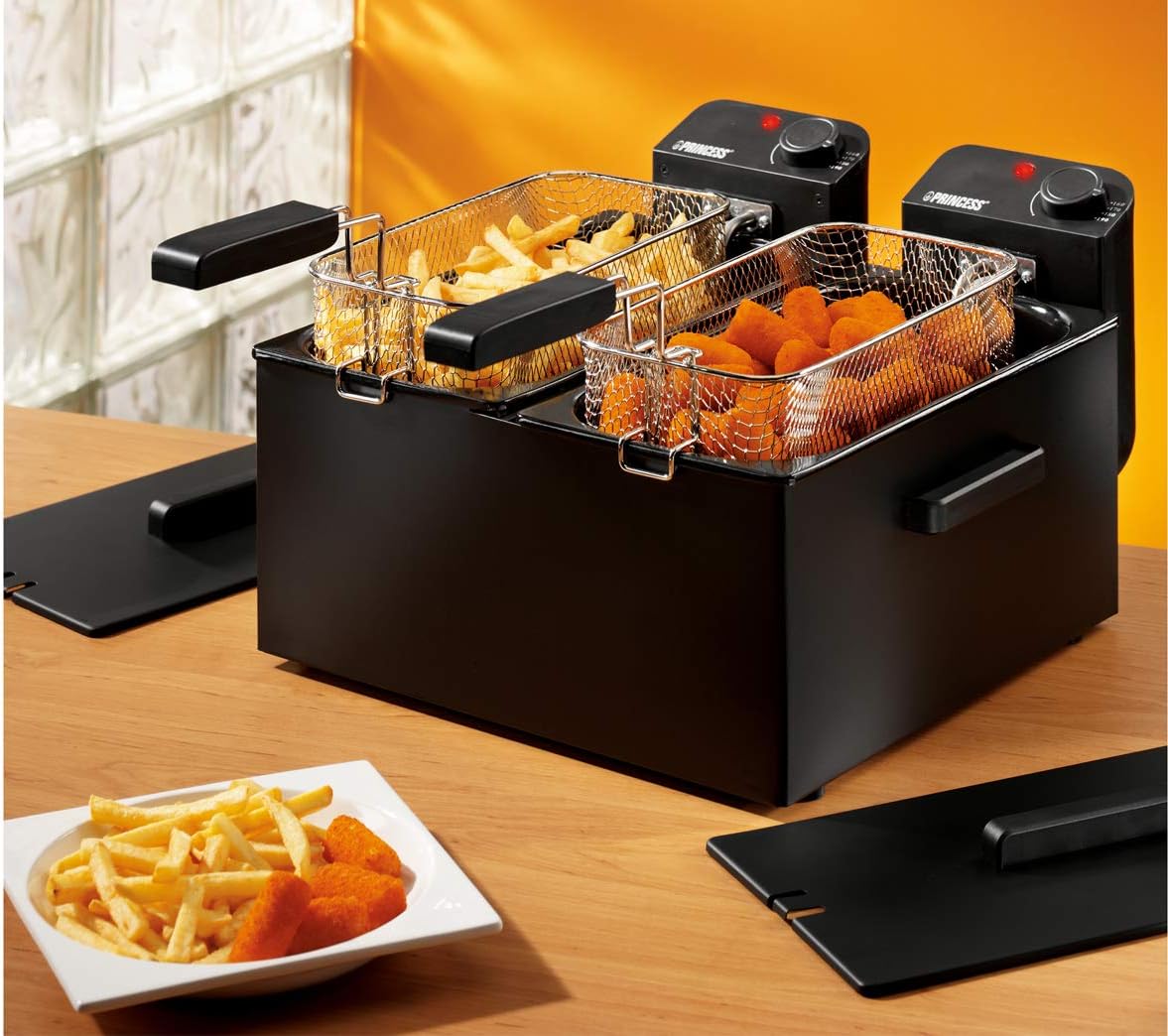 Princess 183028 Edelstahl Doppel-Fritteuse in schwarz - 2 x 3 Liter (2 x 1800 Watt) mit Ölfilter und Kaltzonenfunktion