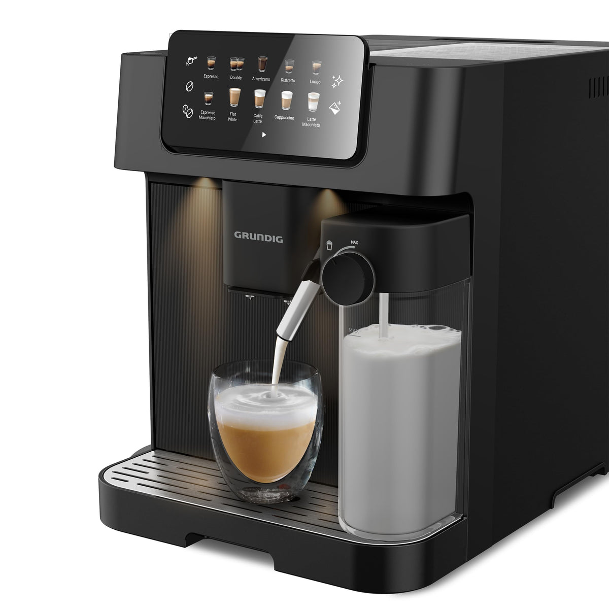 Grundig - KVA 6230 Kaffeevollautomat - 19 Bar Pumpendruck - 13-stufiges Edelstahl-Mahlwerk - Milchaufschäumdüse - 2L Wassertank - Tassenwärmer - Doppel-Auslauf - Schwarz/Silber - Robust
