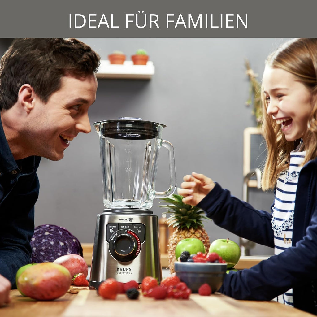 Krups KB403D Perfectmix + Hochleistungsstandmixer, 1.200W, 28.000 UpM, 2L Glasbehälter, 3 voreingestellte Programme, Powelix- Technologie, Edelstahl/Dunkelgrau