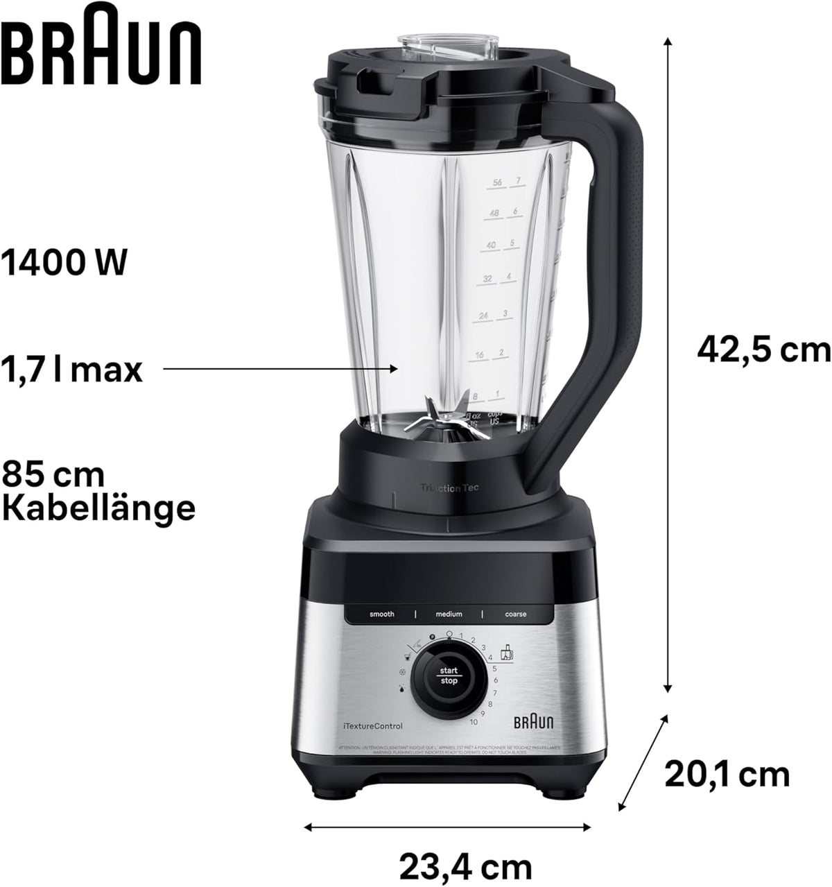Braun PowerBlend 7 – Hochleistungs-Standmixer mit 30.000 U/min für cremige Smoothies, Shakes & Saucen, TriAction-Mixkrug, iTextureControl, Smoothie2Go 600 ml To-Go Becher, 1400W, Schwarz (JB7568BK)