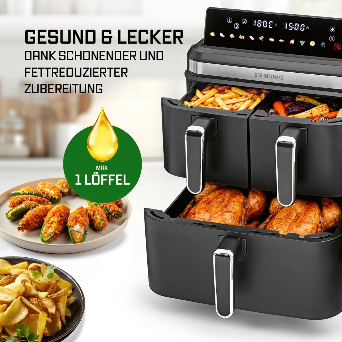 GOURMETmaxx FryUp3 Vertikale Heißluftfritteuse 3 Kammern | Heissluftfritteuse XXL 17 Liter | Airfryer mit Multi-Colour-Klapp-Touchdisplay | Air Fryer Friteuse für 12 Personen | 12 One-touch-Programme