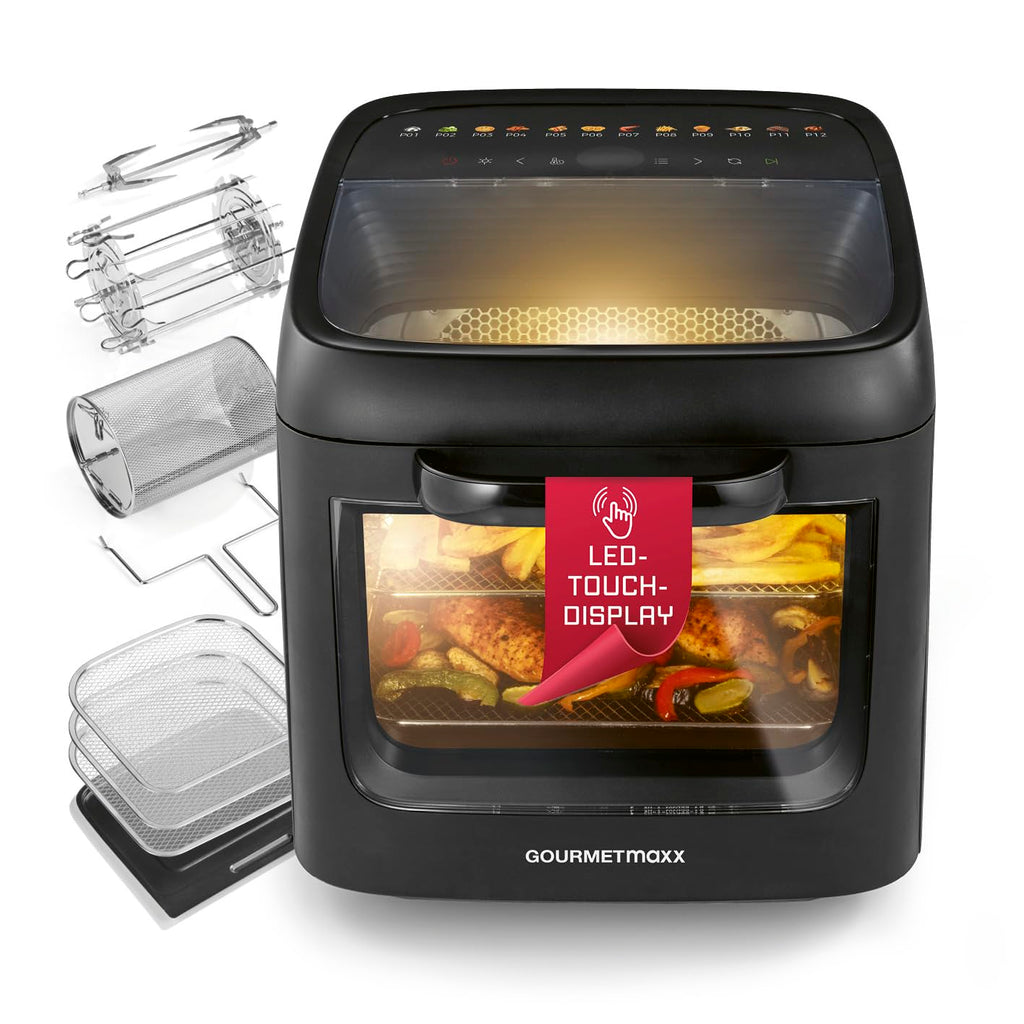 GOURMETmaxx FryUp3 Vertikale Heißluftfritteuse 3 Kammern | Heissluftfritteuse XXL 17 Liter | Airfryer mit Klapp-Touchdisplay, 12 Onetouch-Programmen, Sichtfenstern | Air Fryer Friteuse für 12 Personen