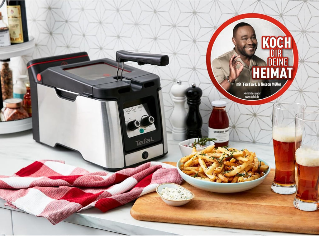 Tefal Clear Duo Fritteuse, frittieren mit weniger Rauch/Gerüchen, Kapazität 1,2 Kg, Thermostat, Timer, großes Sichtfenster ohne Beschlagen, spülmaschinenfest, schwarz, Edelstahl, Friteuse FR600D