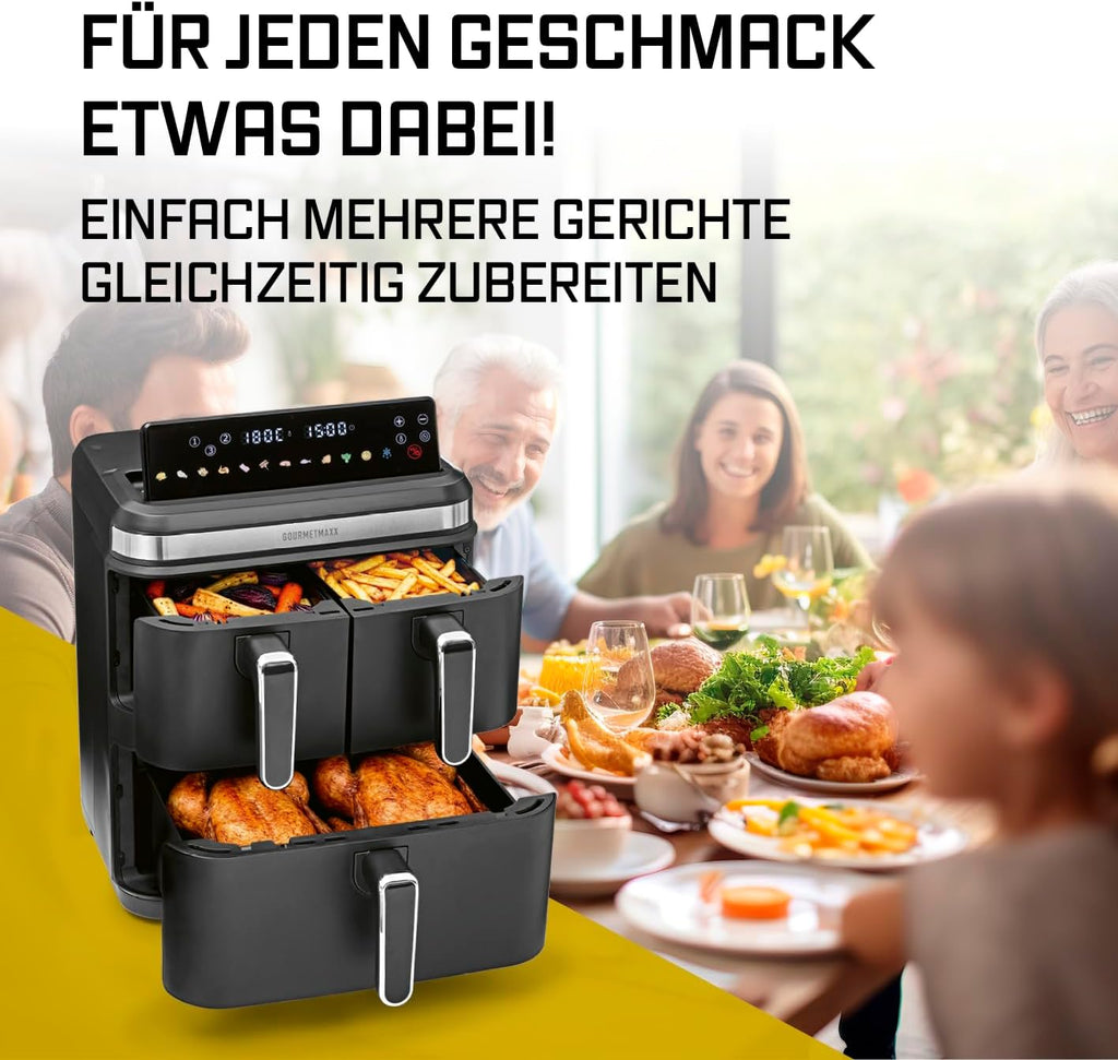 GOURMETmaxx FryUp3 Vertikale Heißluftfritteuse 3 Kammern | Heissluftfritteuse XXL 17 Liter | Airfryer mit Multi-Colour-Klapp-Touchdisplay | Air Fryer Friteuse für 12 Personen | 12 One-touch-Programme
