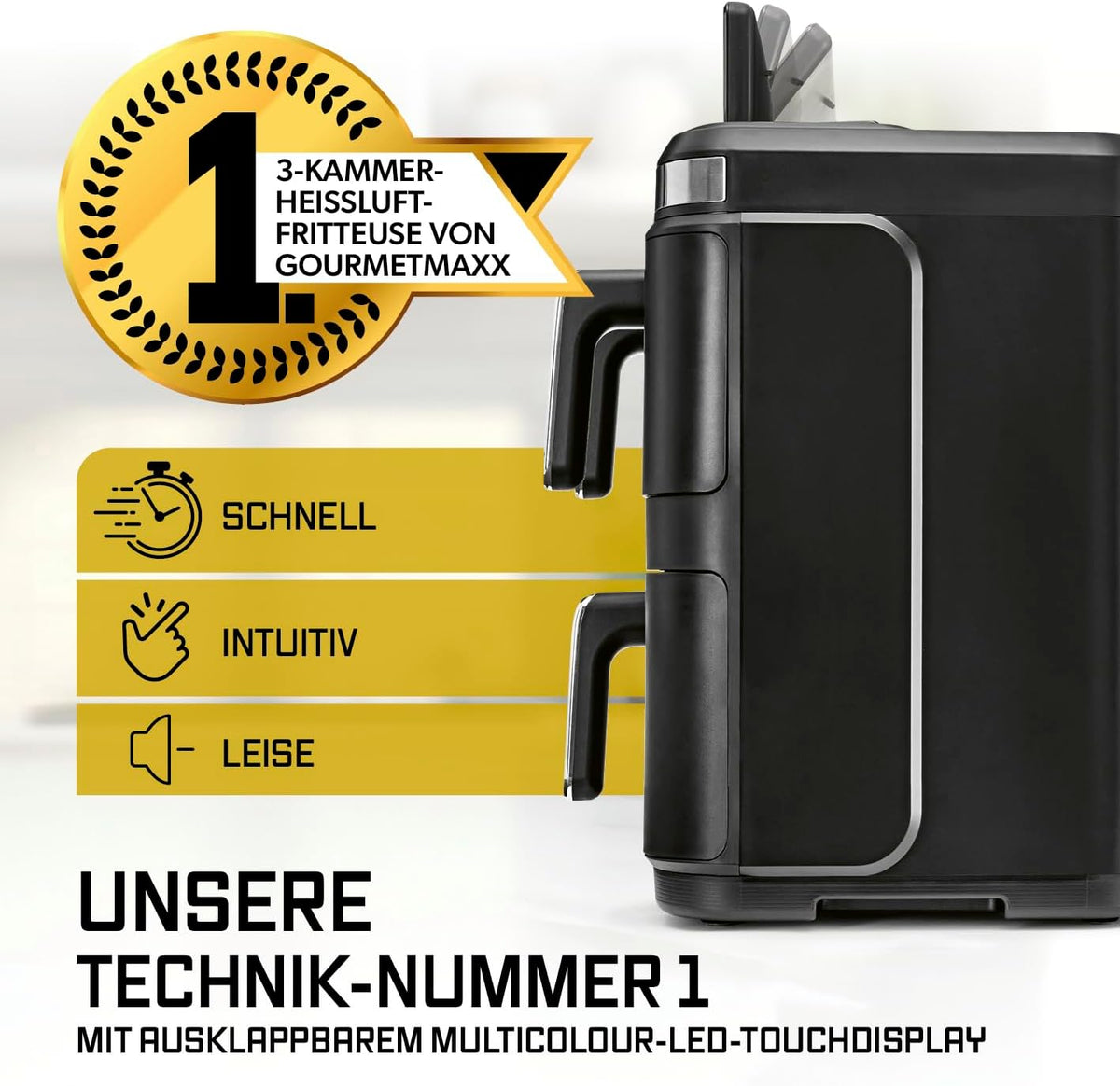 GOURMETmaxx FryUp3 Vertikale Heißluftfritteuse 3 Kammern | Heissluftfritteuse XXL 17 Liter | Airfryer mit Klapp-Touchdisplay, 12 Onetouch-Programmen, Sichtfenstern | Air Fryer Friteuse für 12 Personen