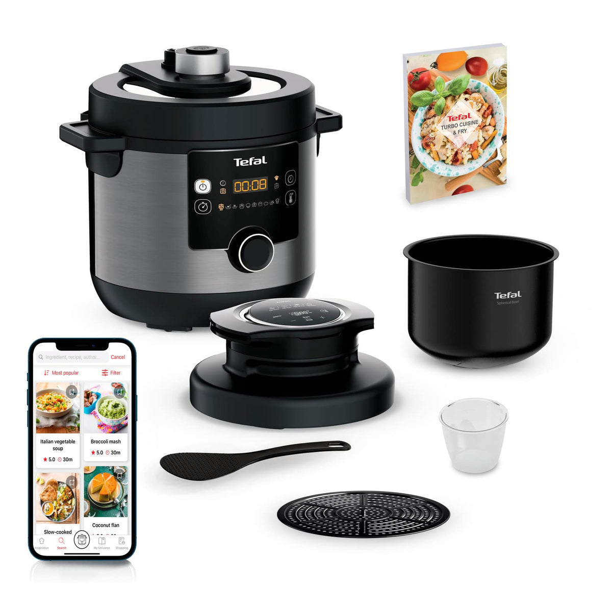 Tefal Turbo Cuisine Multikocher 4,8L, High-Speed & 10 Programme: Dampfgarer, Schmoren, Anbraten, Sous-vide, Reis & mehr, Verzögerung & Warmhaltefunktion, Antihaft, Zubehör inkl., Schwarz, CY7548