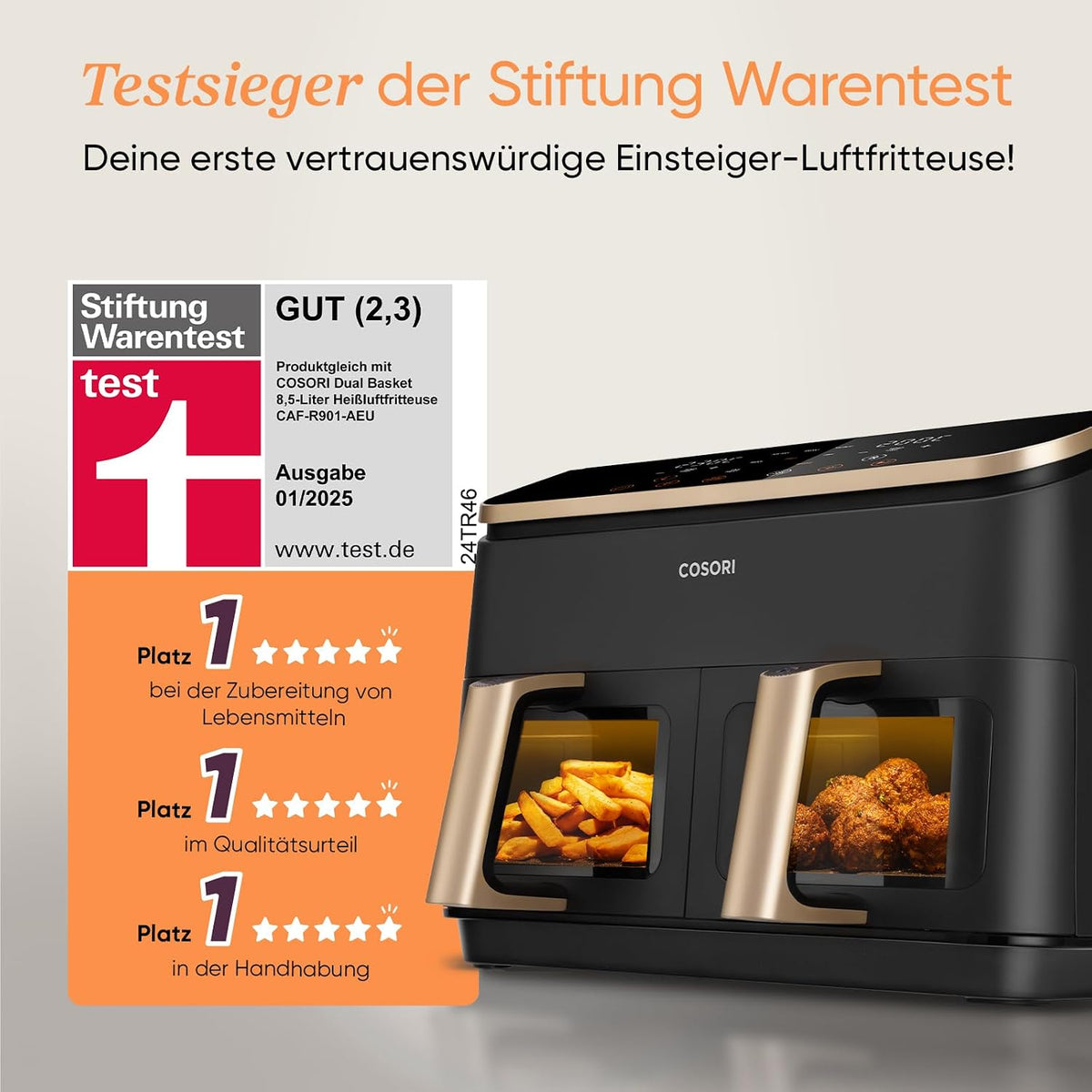 Cosori Airfryer, Testsieger Stiftung Warentest, Heißluftfritteuse 2 Kammern