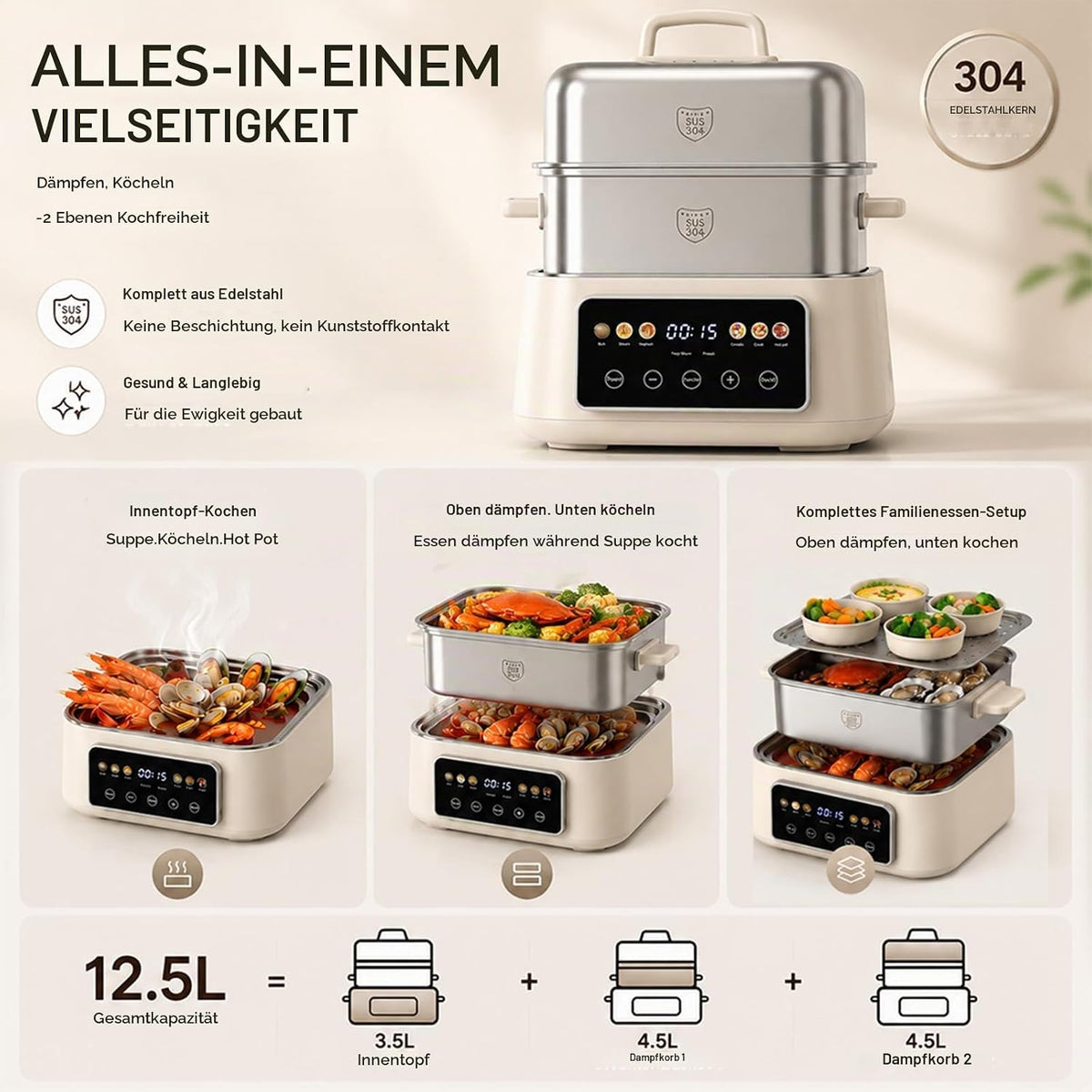 Fulgutonit 304 Edelstahl Elektrischer Dampfgarer 12.5L